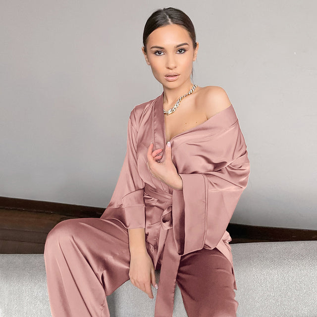 Women Satin Robe and Pant  Set