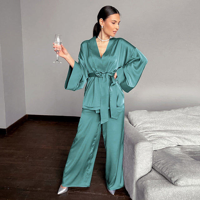 Women Satin Robe and Pant  Set