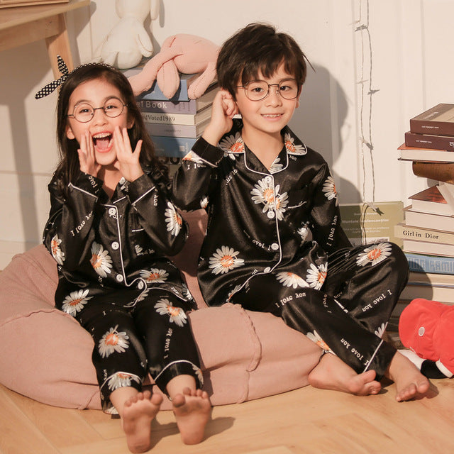 Kids Printed Full Length Satin Pajama Set